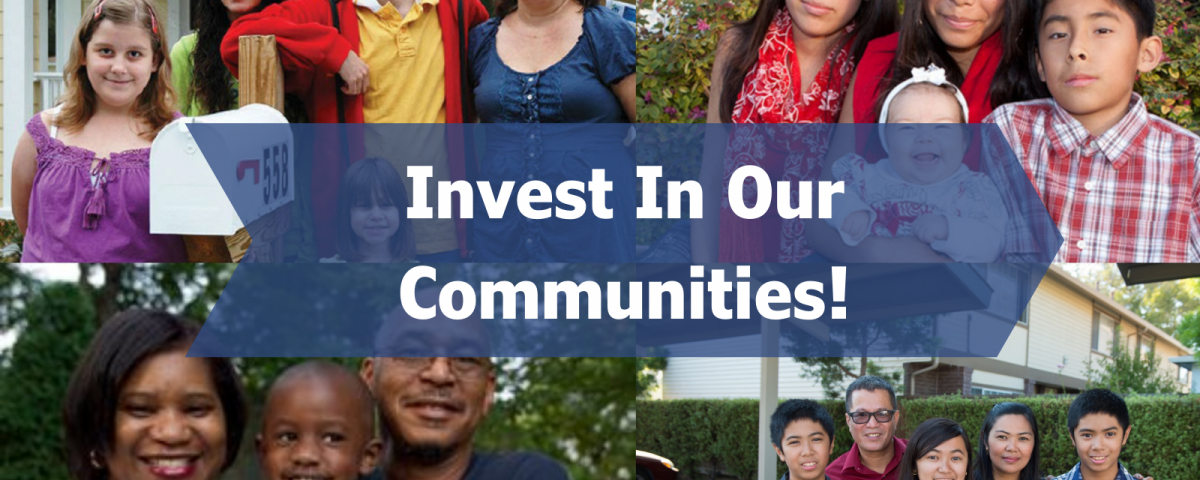 Collage of four images with text saying "invest in our communities"