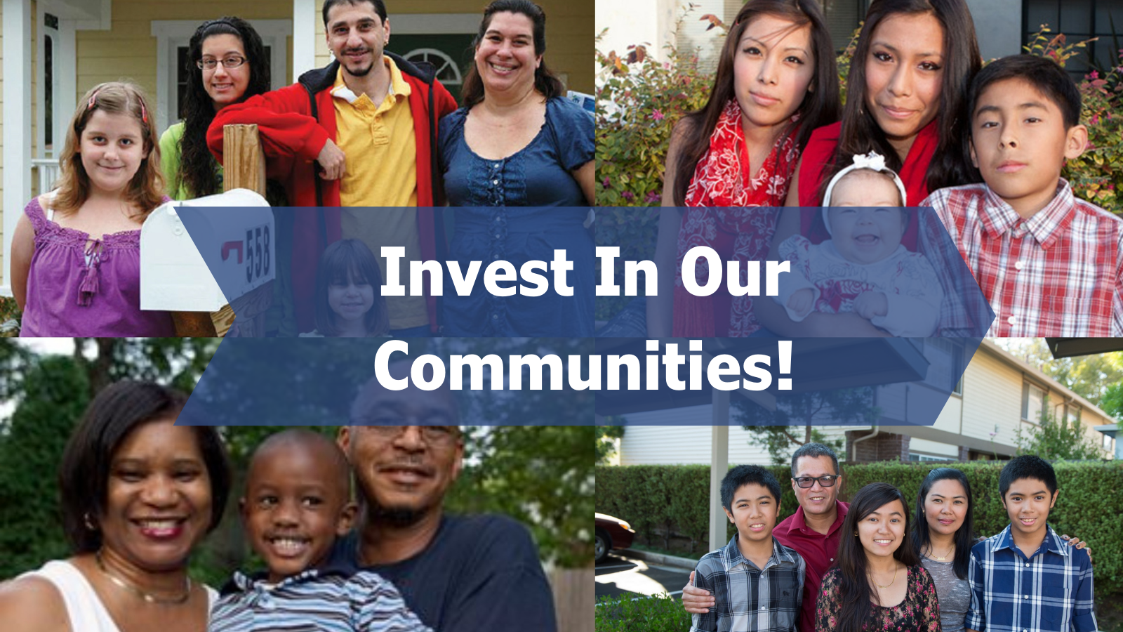 Collage of four images with text saying "invest in our communities"