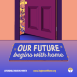 Graphic featuring a magenta door and a door mat that says "Our future begins with home."