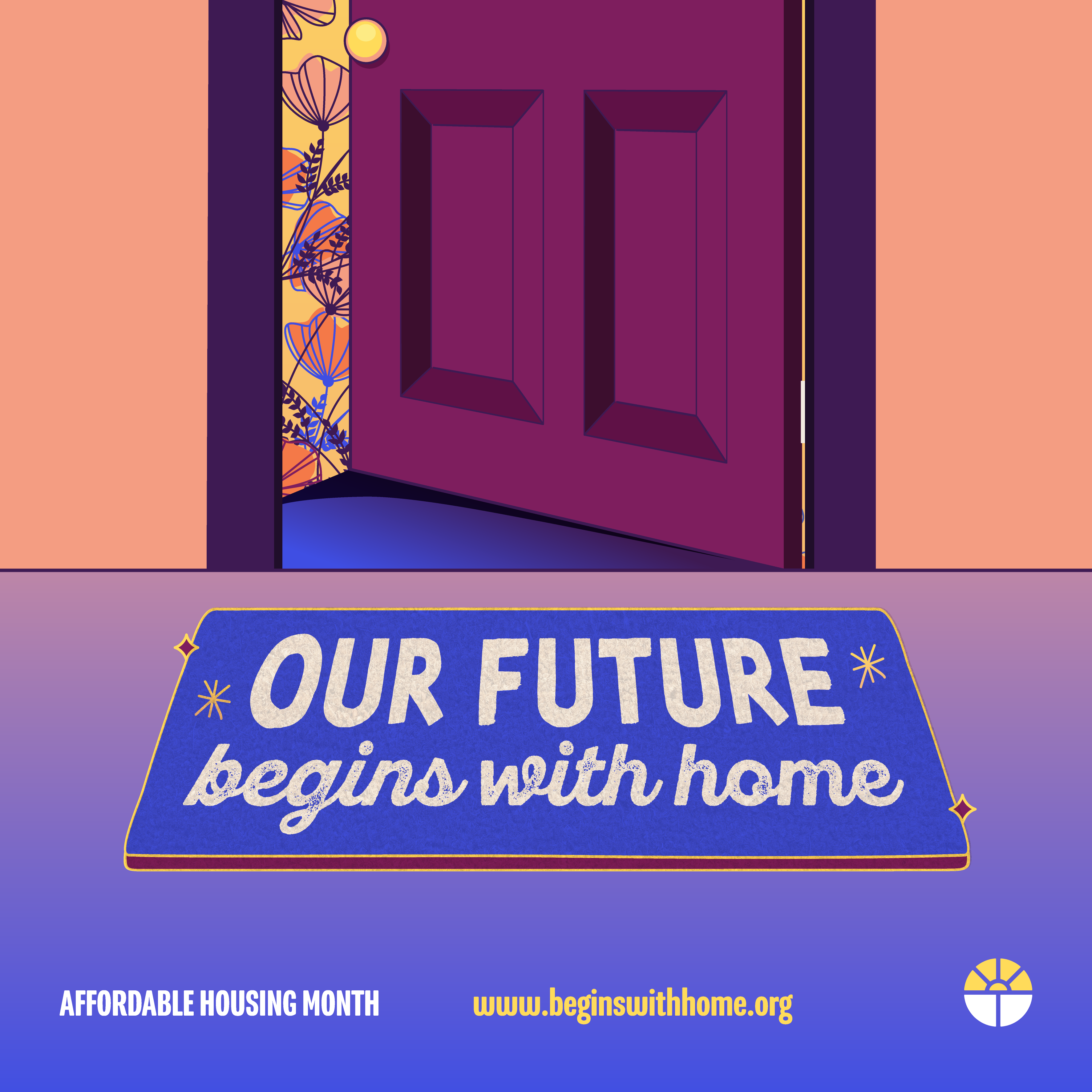 Graphic featuring a magenta door and a door mat that says "Our future begins with home."