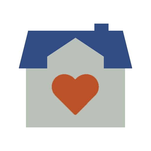 gray house with blue roof and orange heart inside
