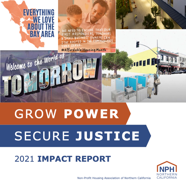 2021 Impact Report cover featuring images in block relating to affordable housing work in the Bay Area