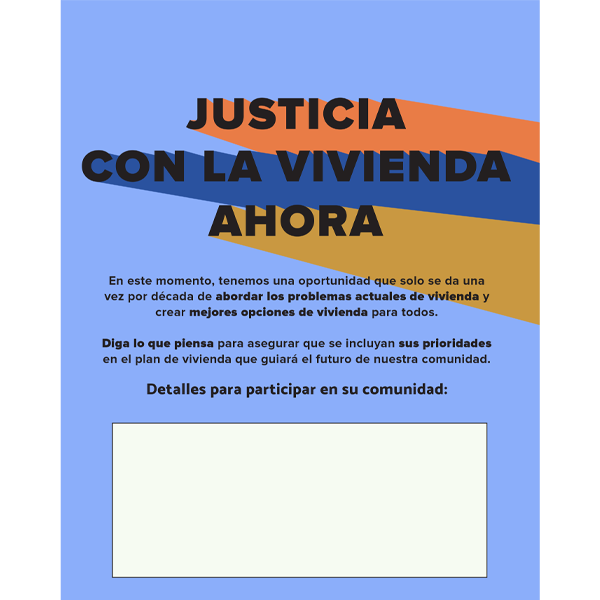 graphic saying "housing justice now" in Spanish