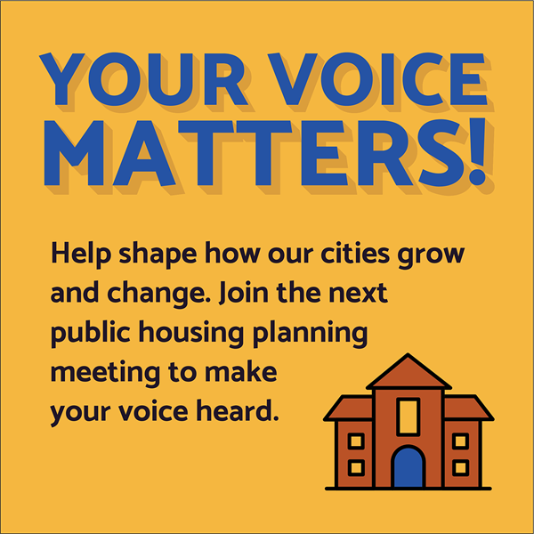 Yellow graphic with small building that says "your voice matters."