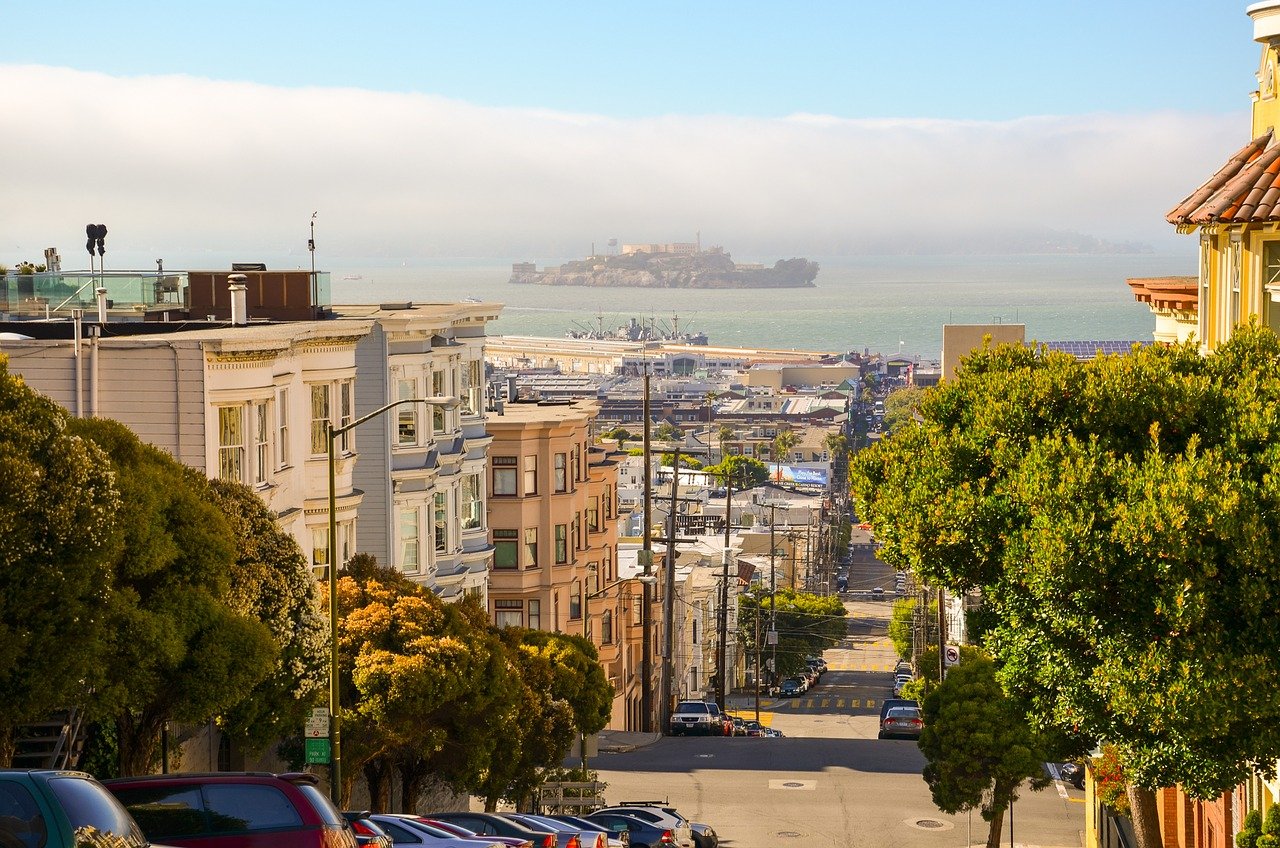 San Francisco skyline from a neighborhood in the city