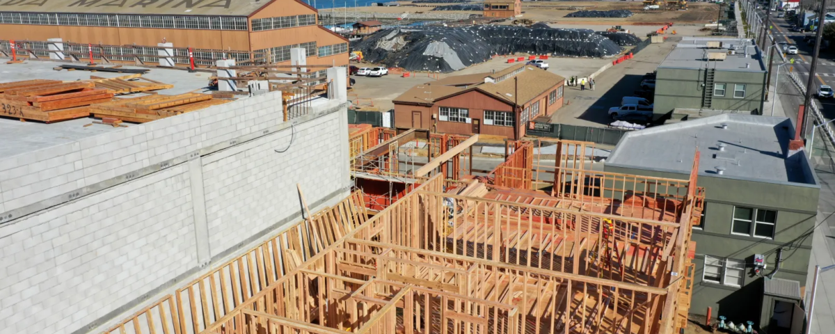 Development is seen along Clement Avenue from this drone view in Alameda, Calif., on Wednesday, March 23, 2022. The Alameda Marina is being revitalized and restored as The Launch is constructed. This project will include 360 units, including 49 affordable housing units. (Jane Tyska/Bay Area News Group)