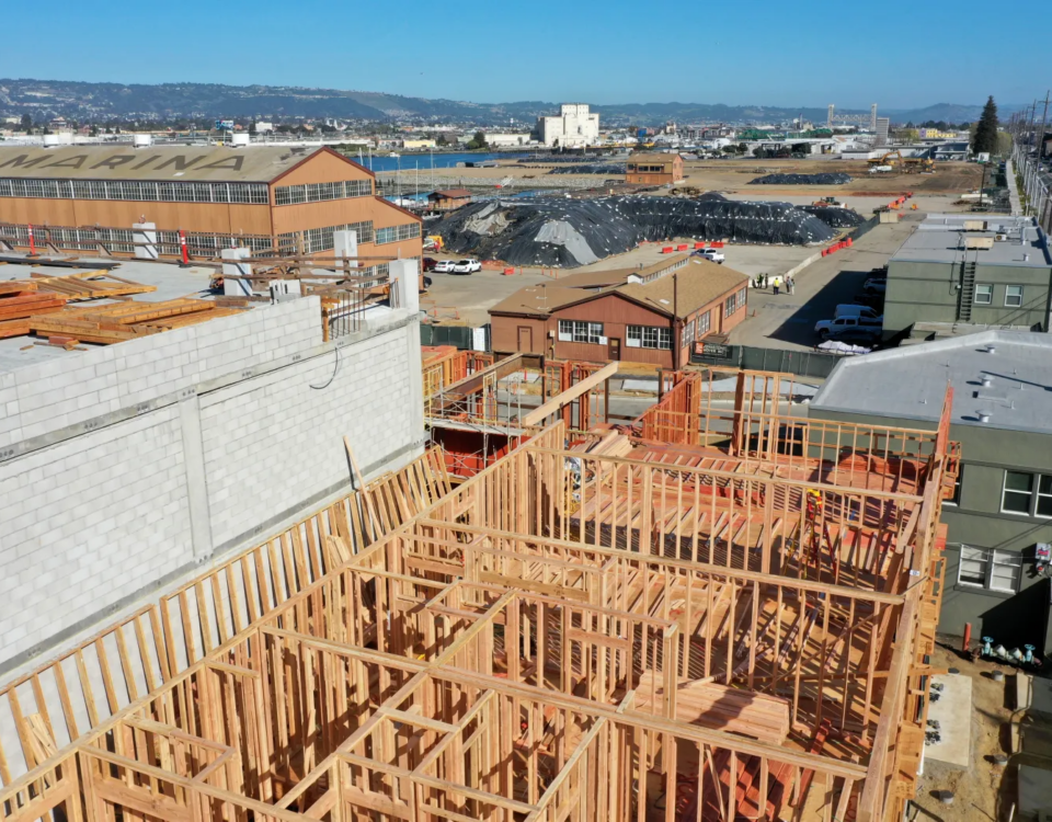 Development is seen along Clement Avenue from this drone view in Alameda, Calif., on Wednesday, March 23, 2022. The Alameda Marina is being revitalized and restored as The Launch is constructed. This project will include 360 units, including 49 affordable housing units. (Jane Tyska/Bay Area News Group)